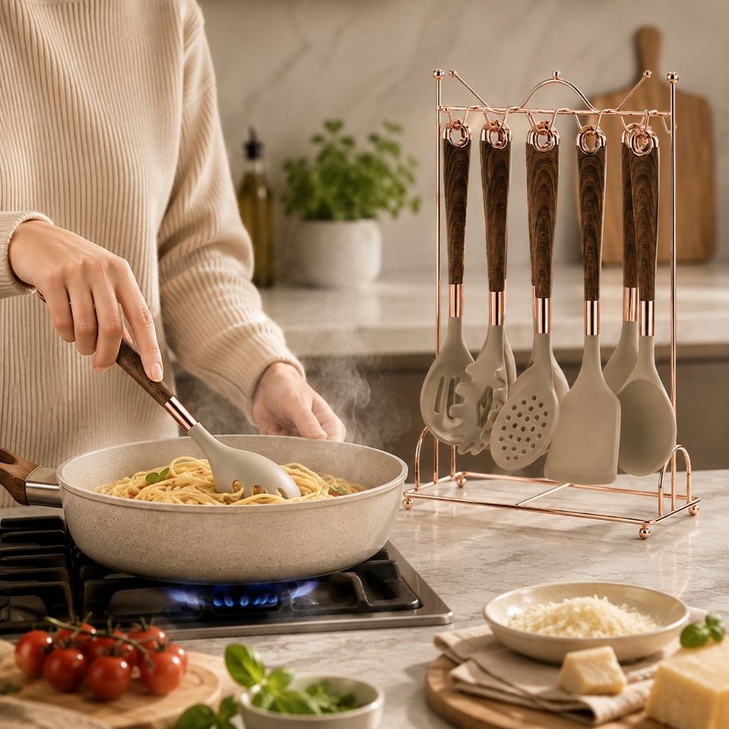 7-Piece Rose Gold Kitchen Utensil Set with Stand