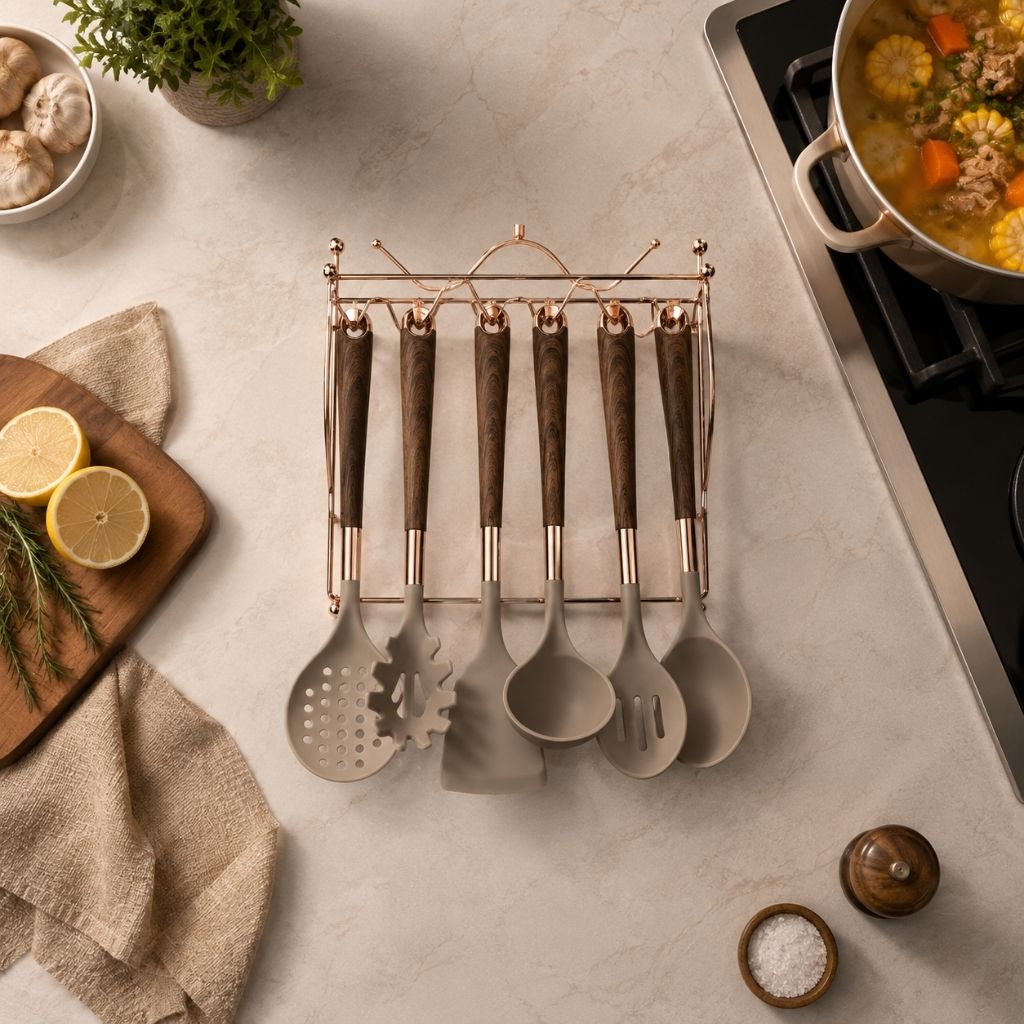 7-Piece Rose Gold Kitchen Utensil Set with Stand