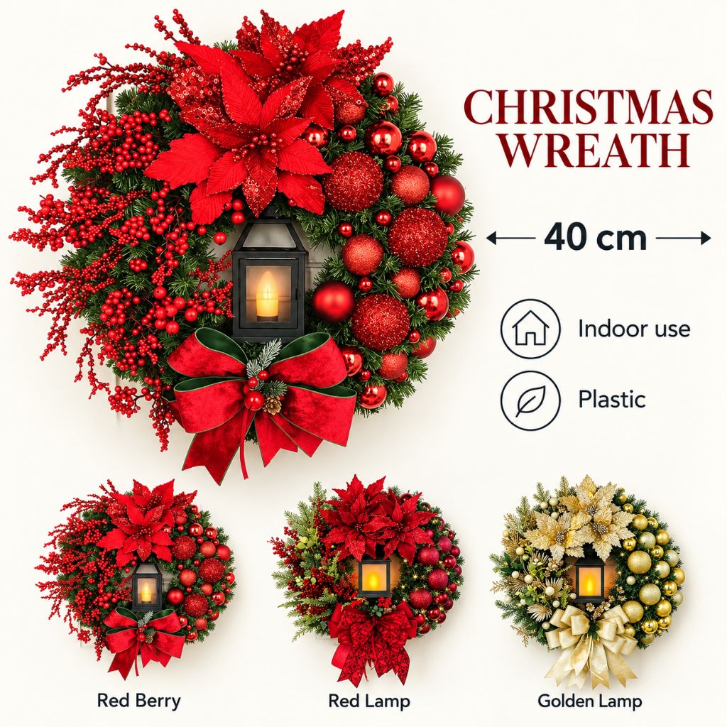 Christmas Door Wreath with Lantern, Baubles and Bow