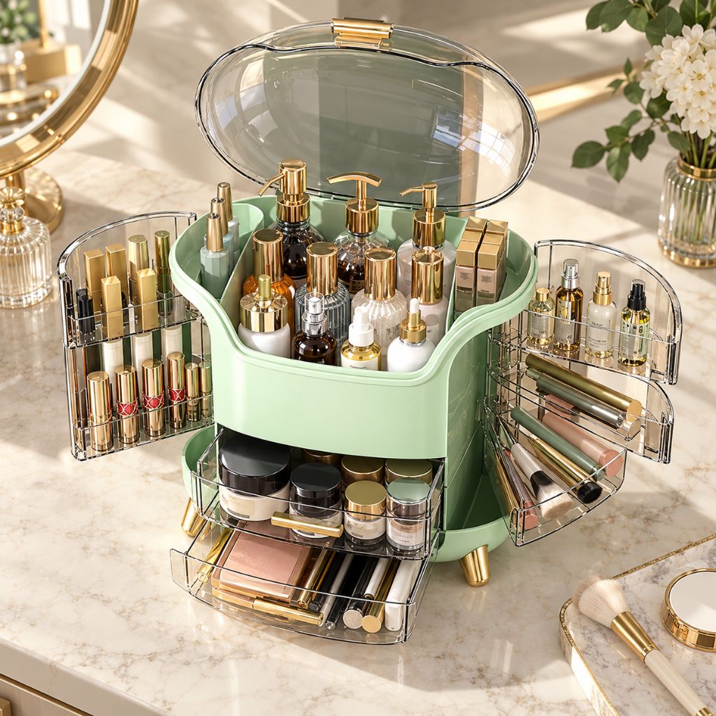 Makeup Organiser with Clear Lid and Swing-Out Side Storage
