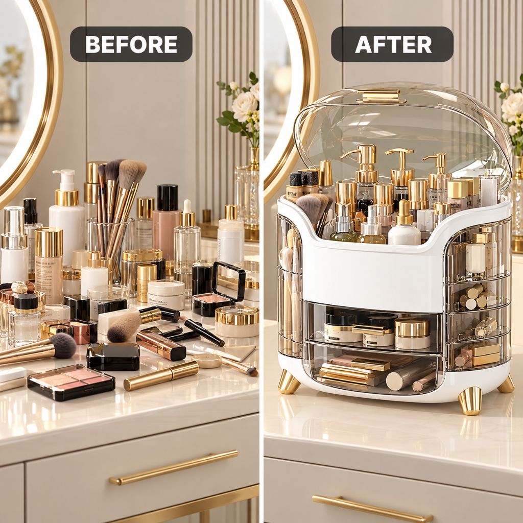 Makeup Organiser with Clear Lid and Swing-Out Side Storage