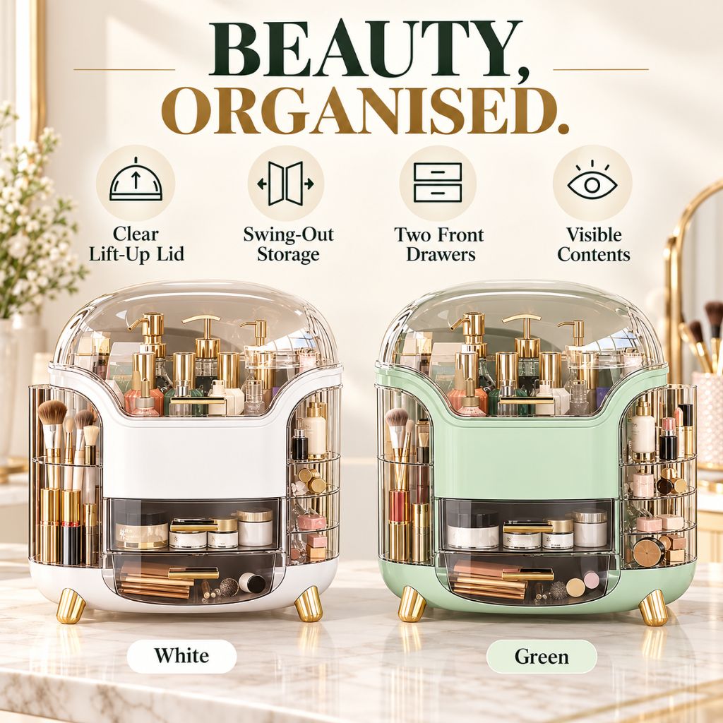 Makeup Organiser with Clear Lid and Swing-Out Side Storage