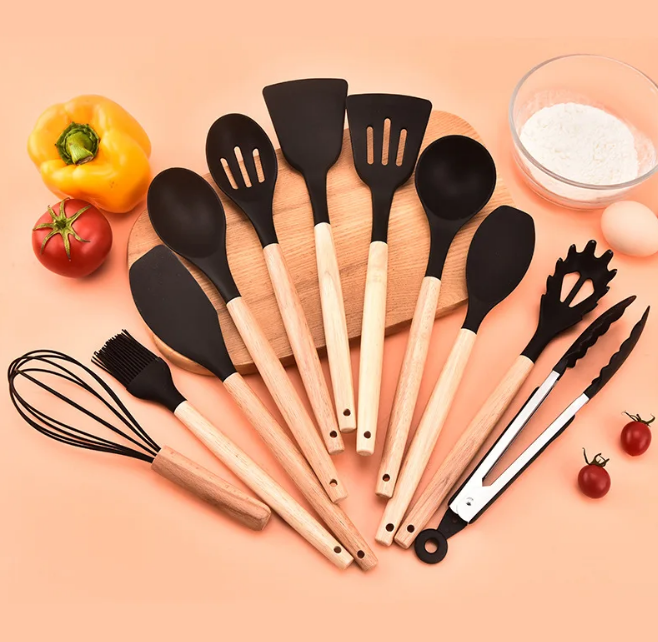 Non-Toxic BPA Free Silicone Cooking Utensil Set with Wooden Handles Lattea