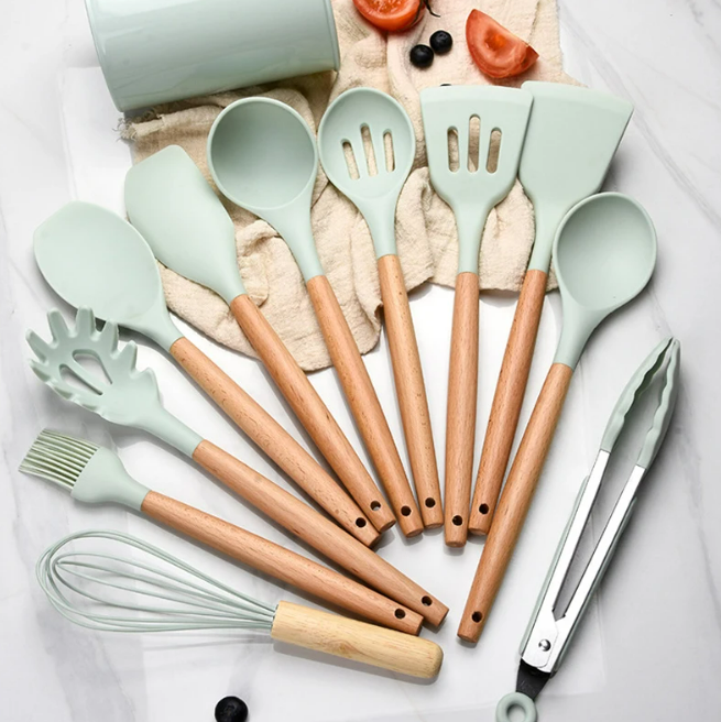 Non-Toxic BPA Free Silicone Cooking Utensil Set with Wooden Handles Lattea