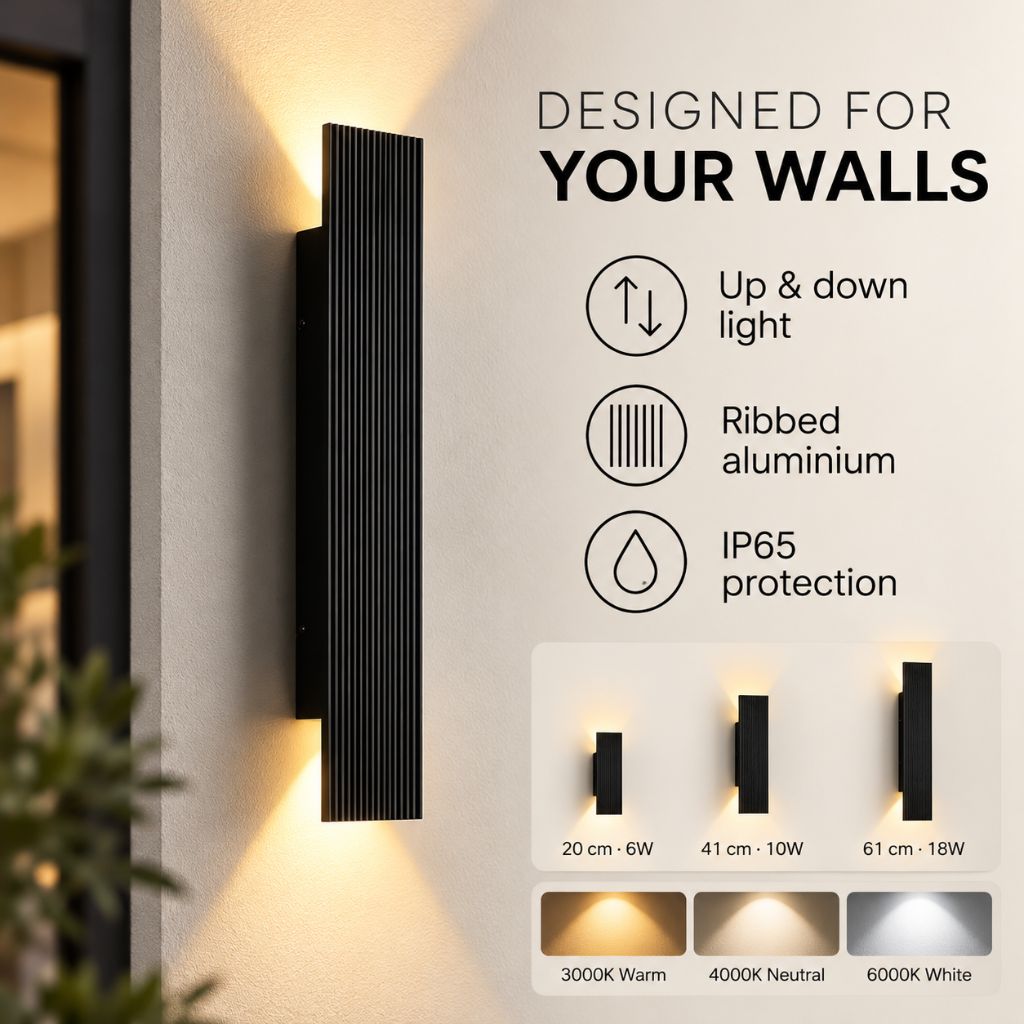 Black Ribbed Aluminium Up & Down LED Outdoor Wall Light IP65