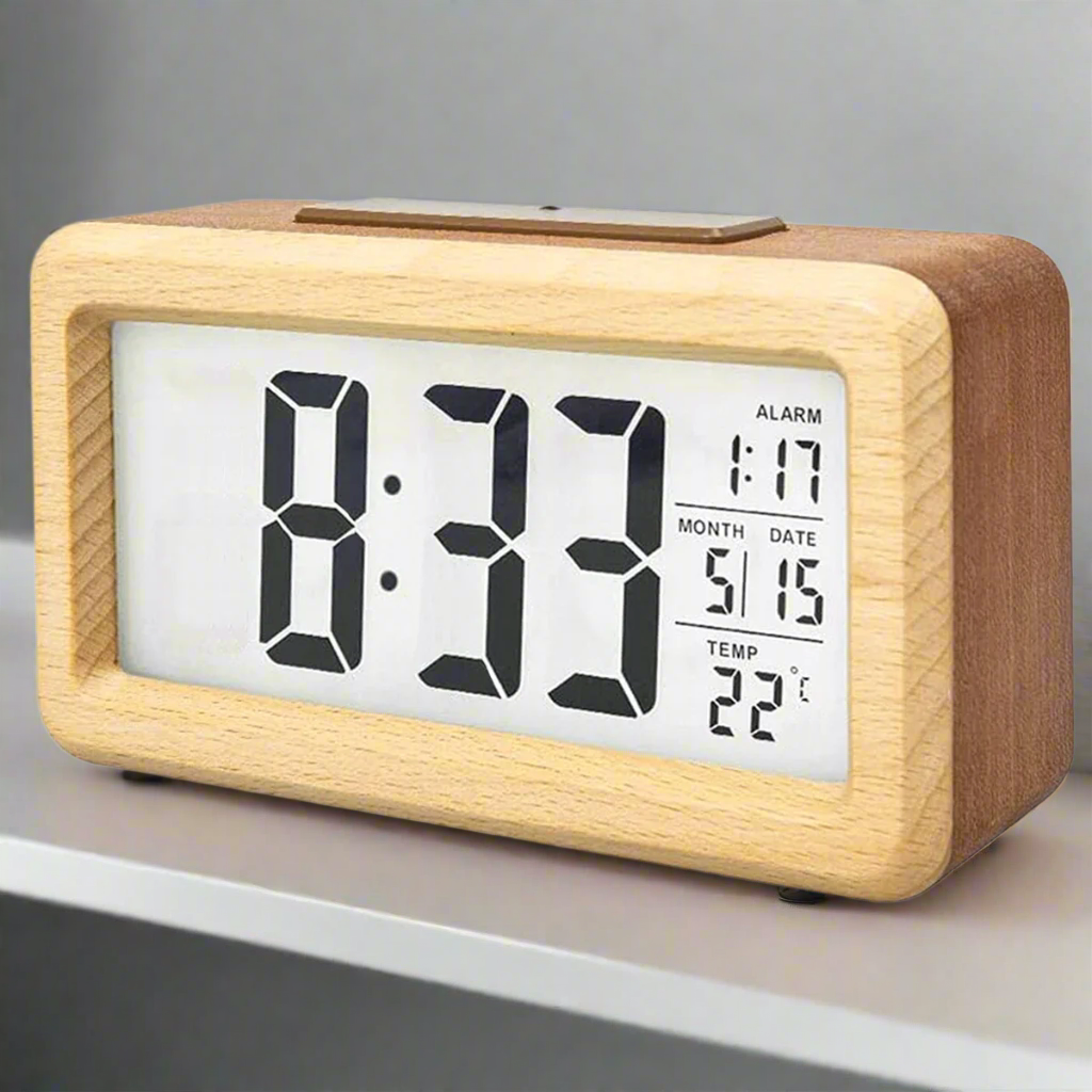 Digital Alarm Clock with Wooden Design & Multi-Function Display