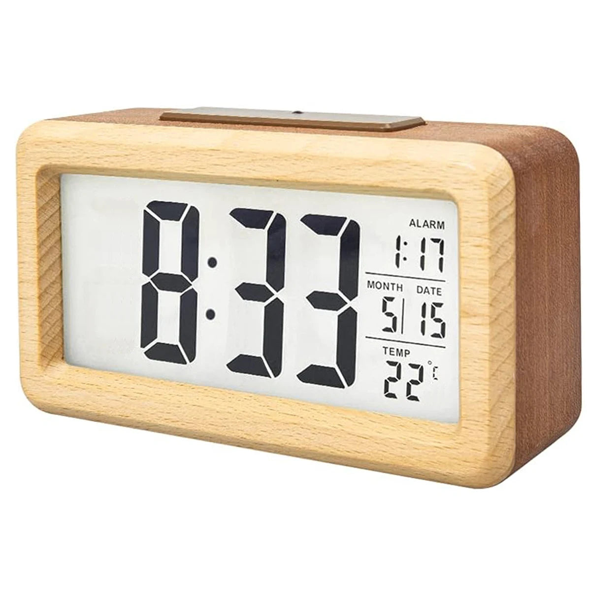 Digital Alarm Clock with Wooden Design & Multi-Function Display