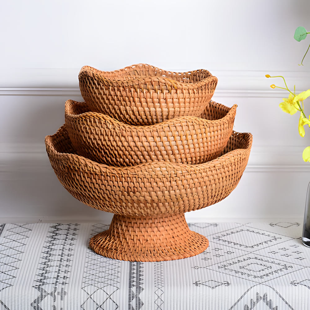 rattan fruit basket, handwoven storage bowl, eco-friendly kitchen decor, natural rattan bowl, rustic countertop organizer, versatile storage basket, decorative rattan bowl, lightweight kitchen storage, artisanal fruit basket, durable kitchen organizer