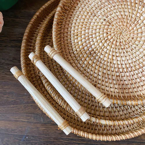 handwoven rattan tray, wooden handle tray, rustic serving tray, eco-friendly decor, kitchen storage tray, dining table decor, natural serving tray, Japanese-inspired design, versatile home decor, lightweight tray