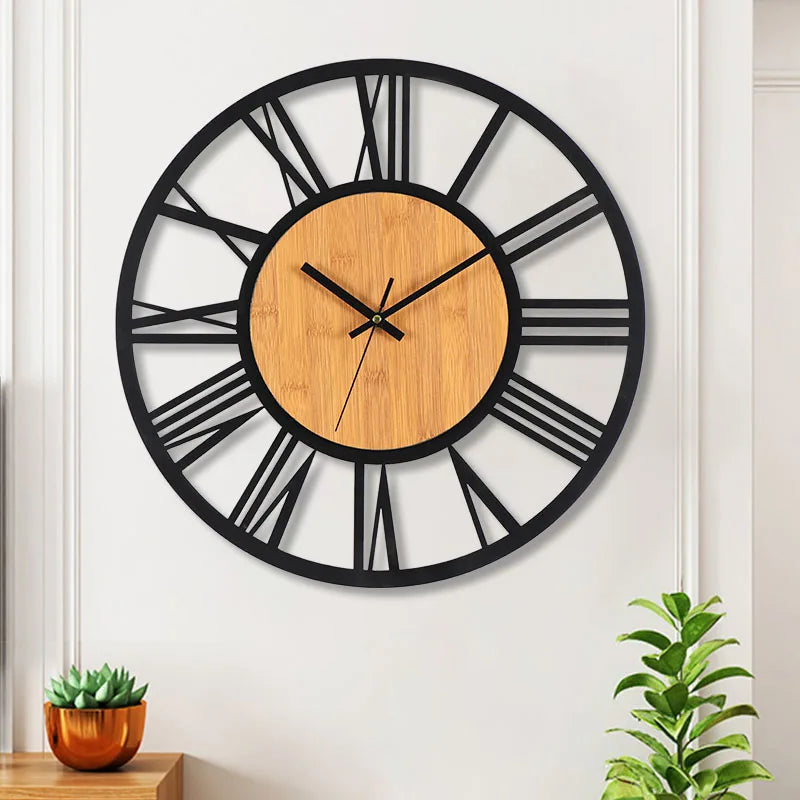 Large Round Wood Iron Wall Clock - Roman Numerals