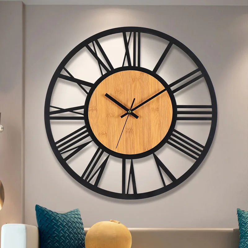 Large Round Wood Iron Wall Clock - Roman Numerals