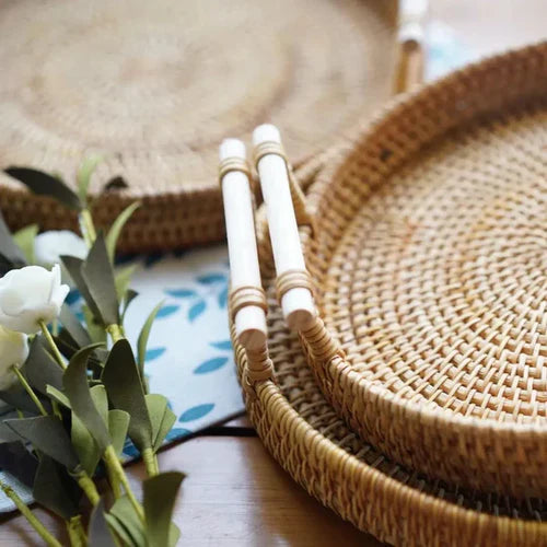 handwoven rattan tray, wooden handle tray, rustic serving tray, eco-friendly decor, kitchen storage tray, dining table decor, natural serving tray, Japanese-inspired design, versatile home decor, lightweight tray