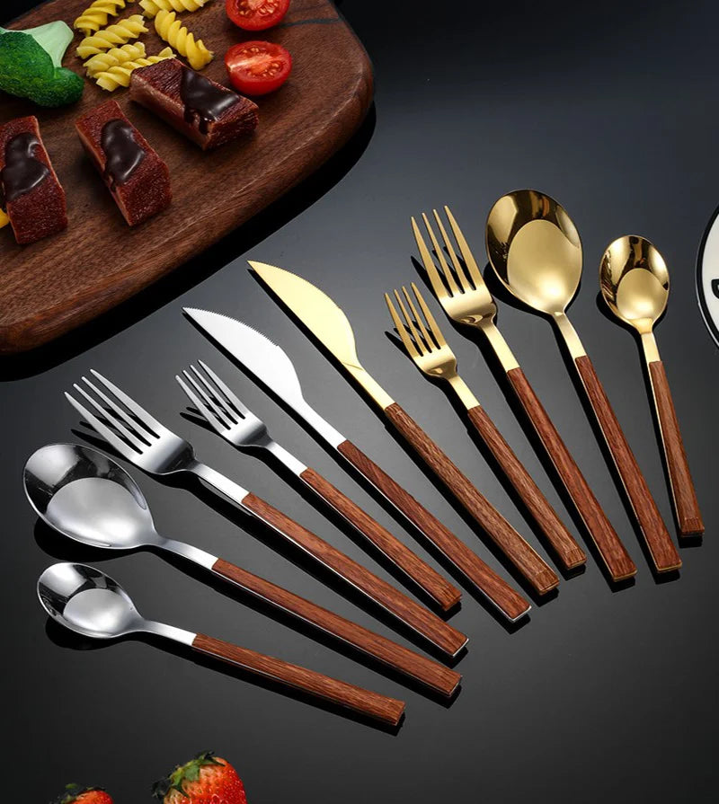 stainless steel cutlery, modern kitchenware, corrosion-resistant silverware, wood handle cutlery, dinnerware set, cutlery for six, hand wash utensils, gift idea kitchen, table setting accessories, elegant dining set