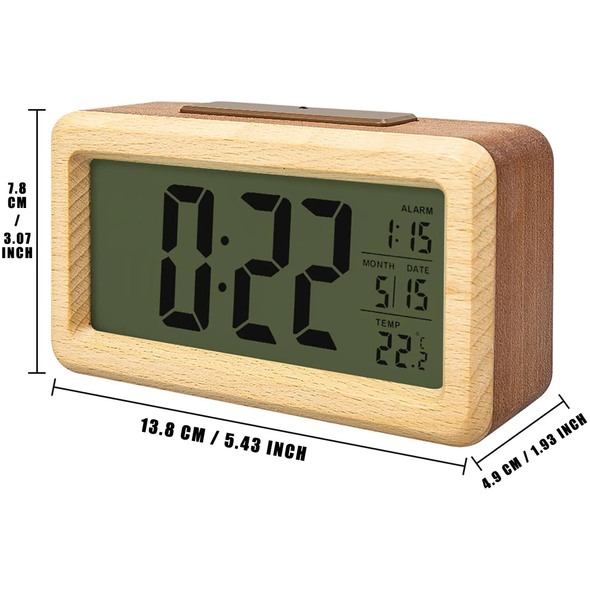 Digital Alarm Clock with Wooden Design & Multi-Function Display