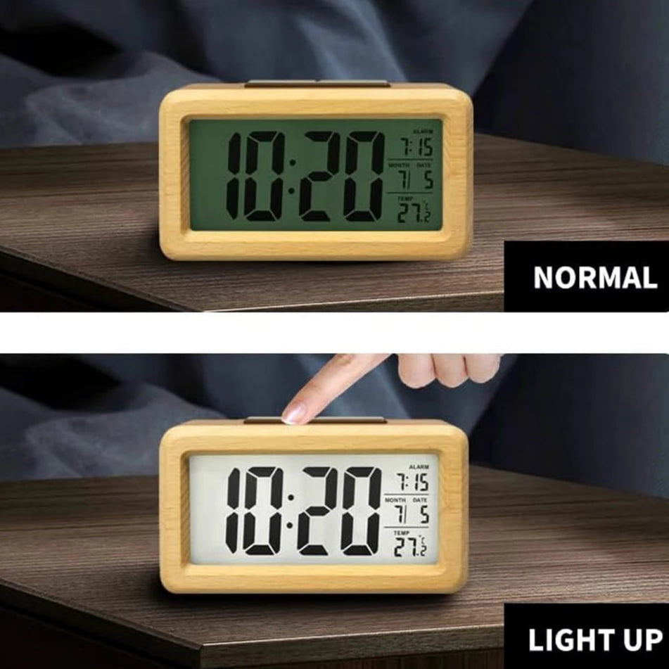 Digital Alarm Clock with Wooden Design & Multi-Function Display