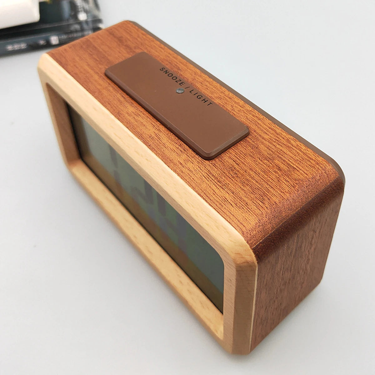 Digital Alarm Clock with Wooden Design & Multi-Function Display