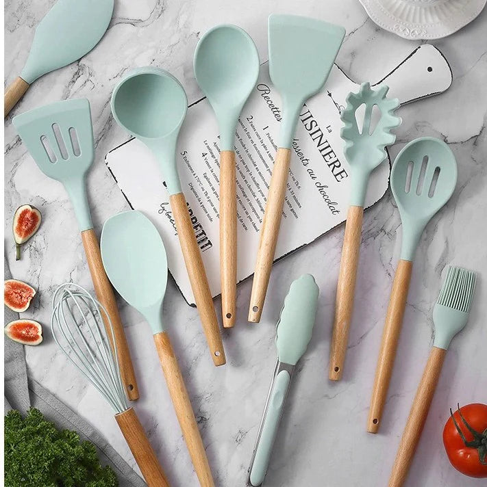 Nonstick Silicone Cooking Utensil Set with Wooden Handles Lattea