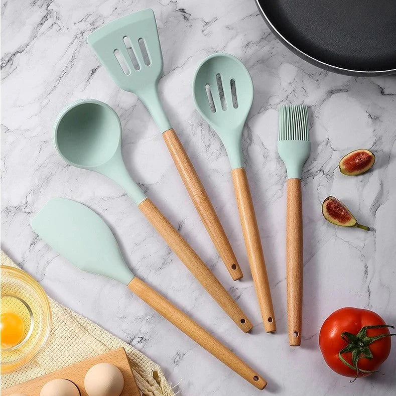 Nonstick Silicone Cooking Utensil Set with Wooden Handles Lattea