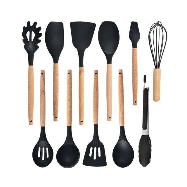 Nonstick Silicone Cooking Utensil Set with Wooden Handles Lattea