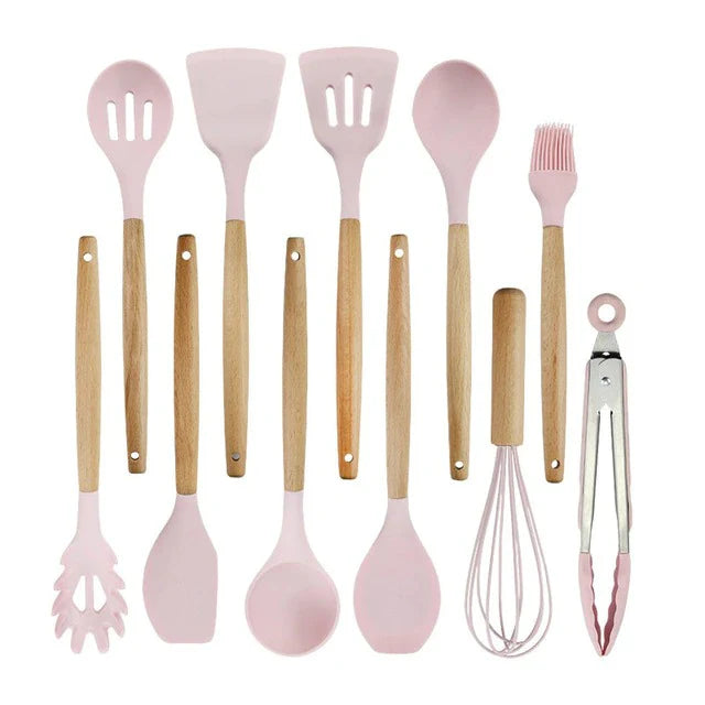 Nonstick Silicone Cooking Utensil Set with Wooden Handles Lattea