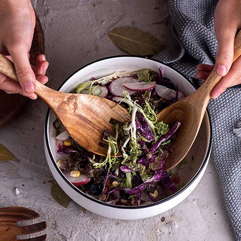 Acacia Wood Salad Serving Set – Handcrafted Kitchen Utensils