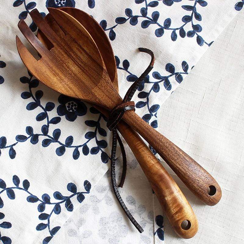 Acacia Wood Salad Serving Set – Handcrafted Kitchen Utensils