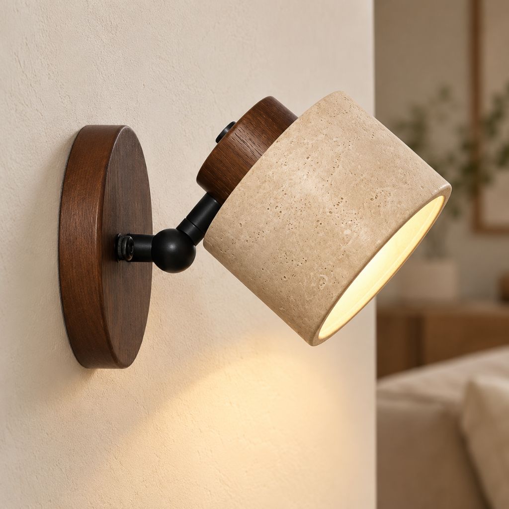 Adjustable Stone and Wood Bedside Wall Light with Switch