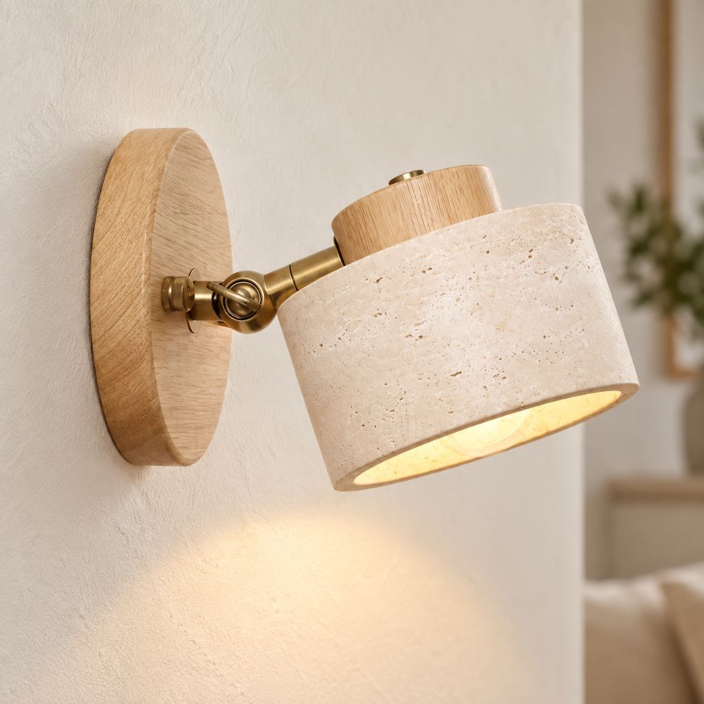 Adjustable Stone and Wood Bedside Wall Light with Switch