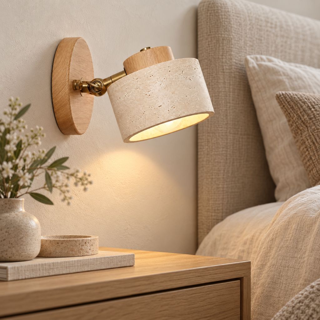 Adjustable Stone and Wood Bedside Wall Light with Switch