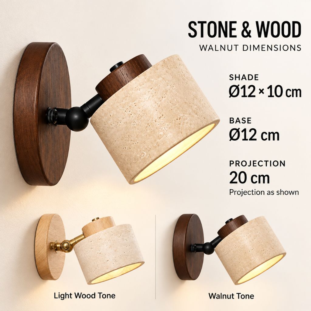 Adjustable Stone and Wood Bedside Wall Light with Switch