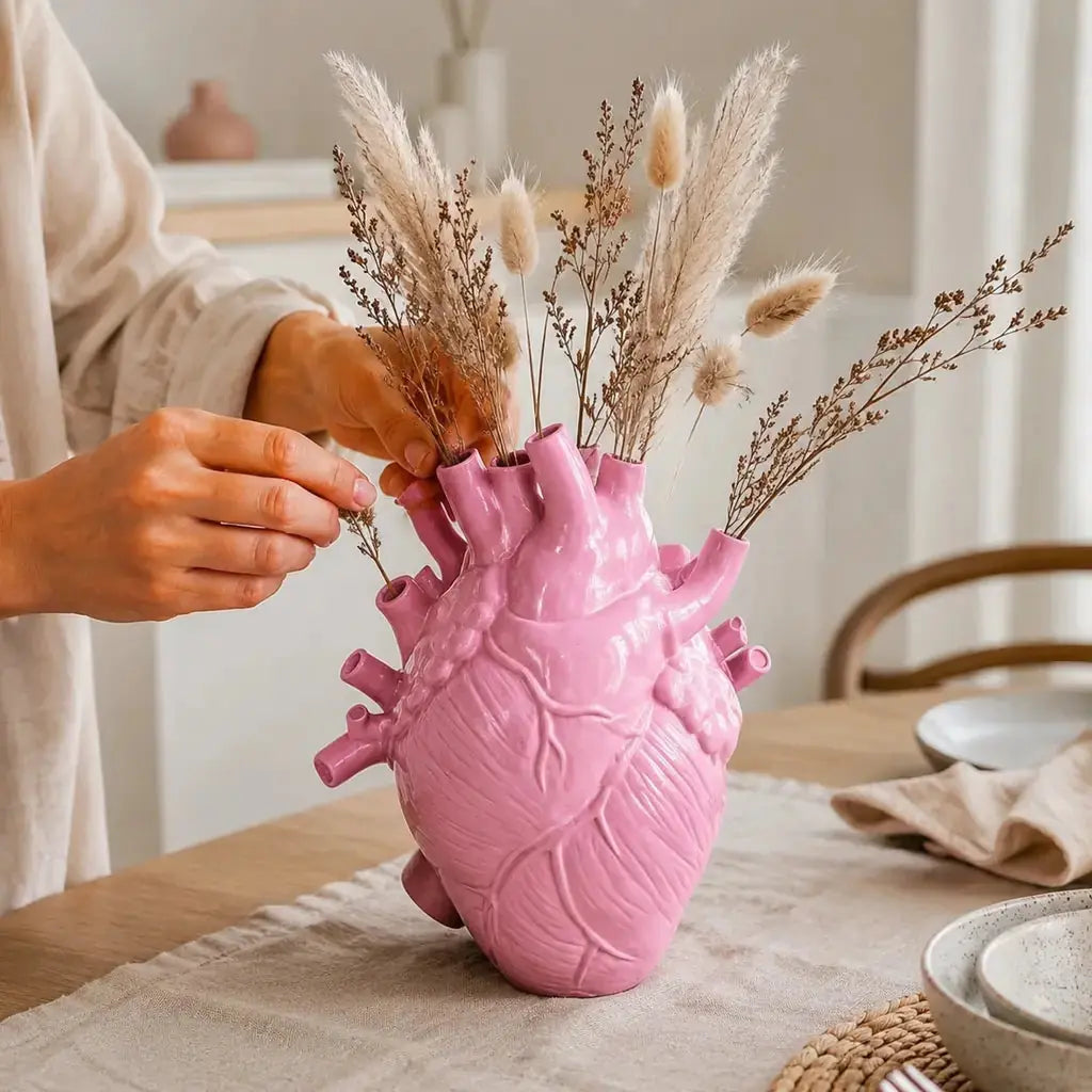 Pink Anatomical Heart Ceramic Art Vase in use with dried flowers