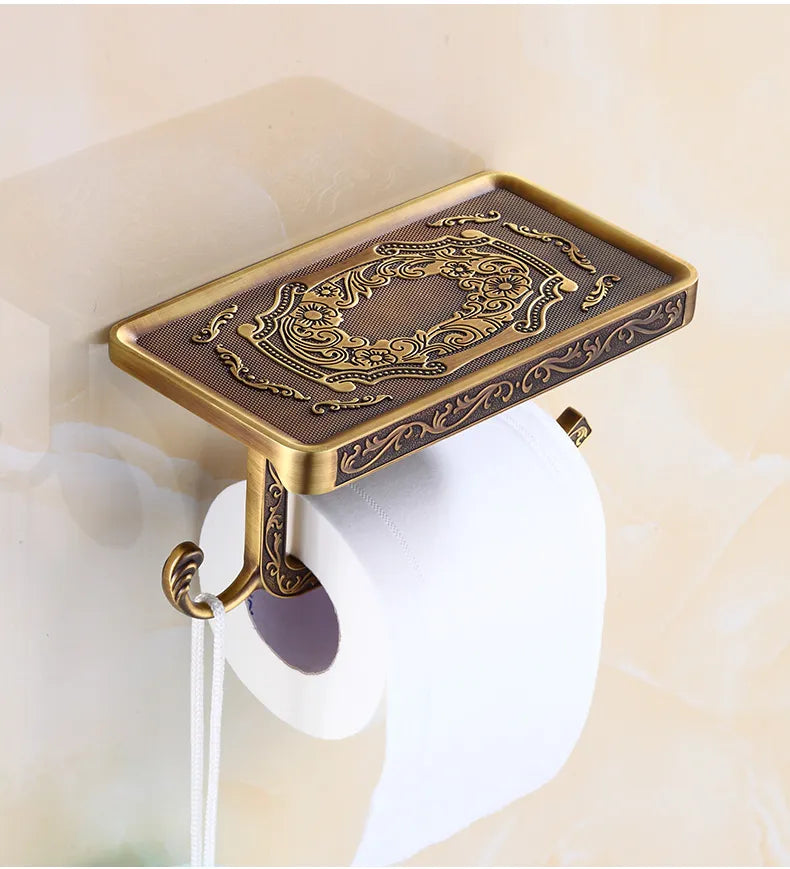 Antique Bronze Wall-Mounted Toilet Roll Holder with Shelf