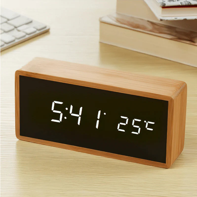 EcoTime - Bamboo LED Alarm Clock with Temperature Display