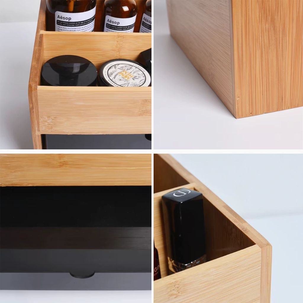 Bamboo Makeup Organiser with Drawers and Open Storage