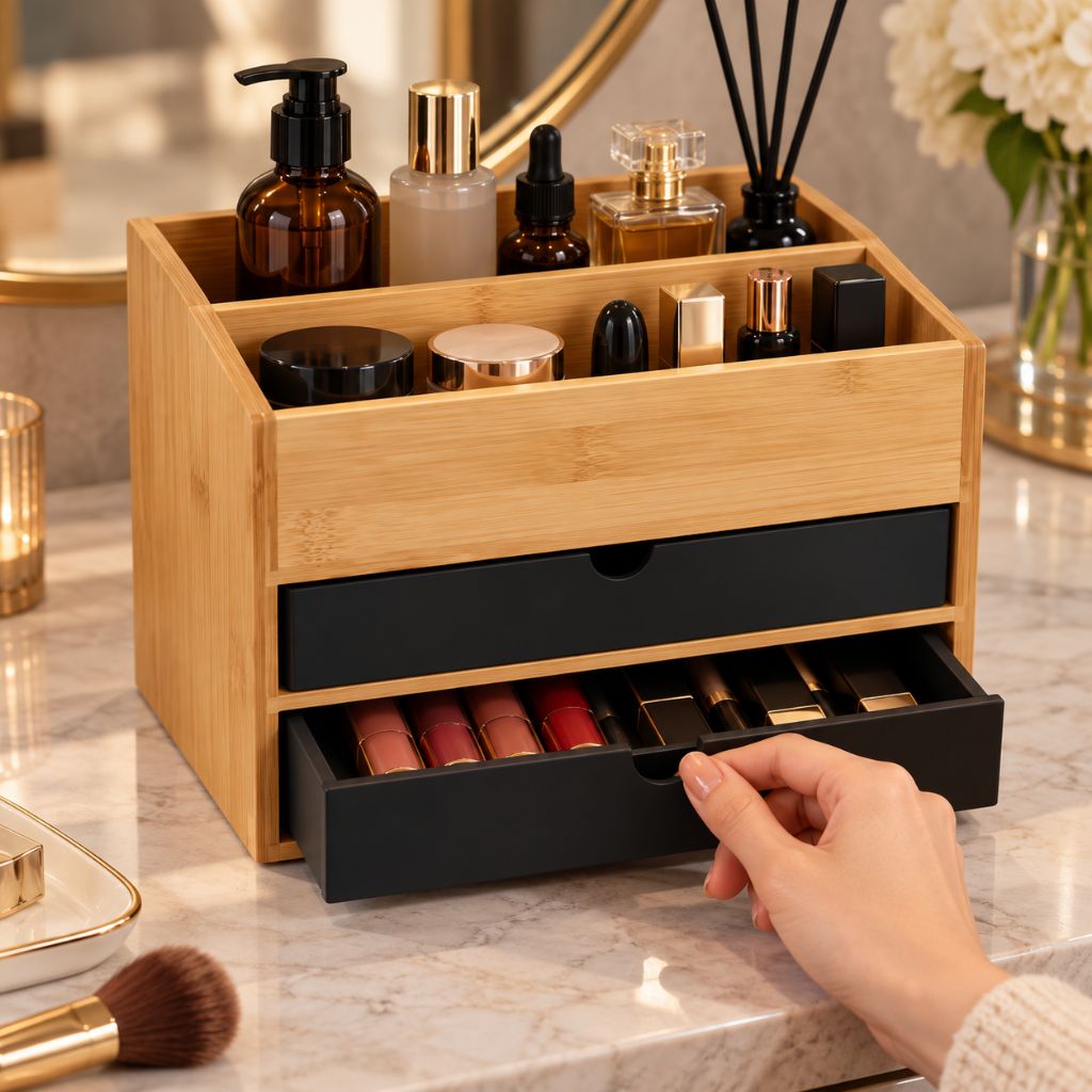 Bamboo Makeup Organiser with Drawers and Open Storage