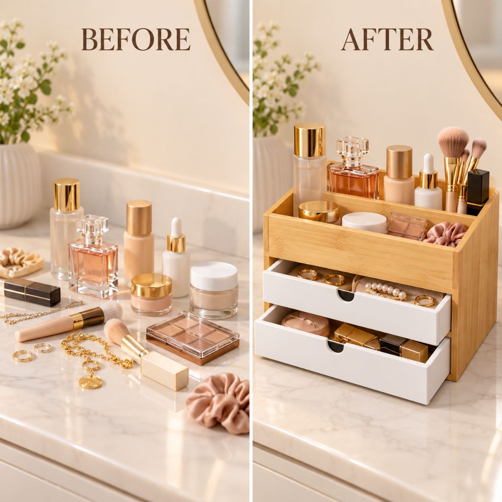 Bamboo Makeup Organiser with Drawers and Open Storage