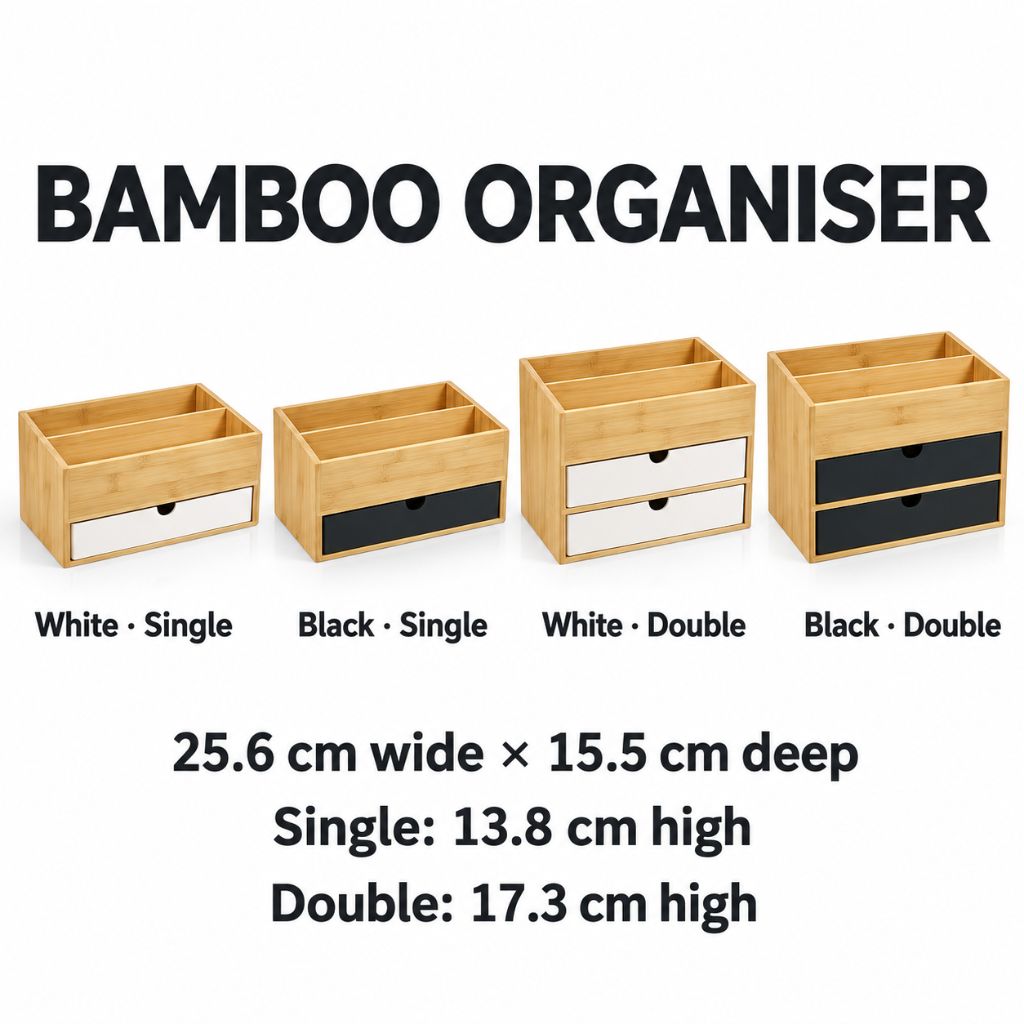 Bamboo Makeup Organiser with Drawers and Open Storage