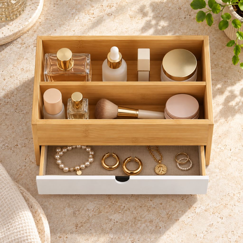 Bamboo Makeup Organiser with Drawers and Open Storage