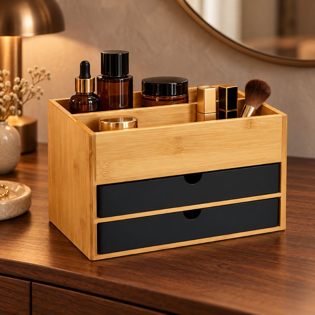 Bamboo Makeup Organiser with Drawers and Open Storage