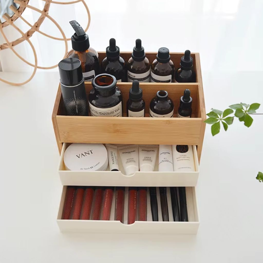 Bamboo Makeup Organiser with Drawers and Open Storage