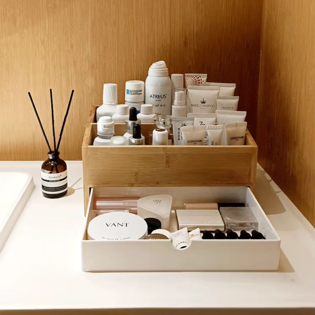 Bamboo Makeup Organiser with Drawers and Open Storage