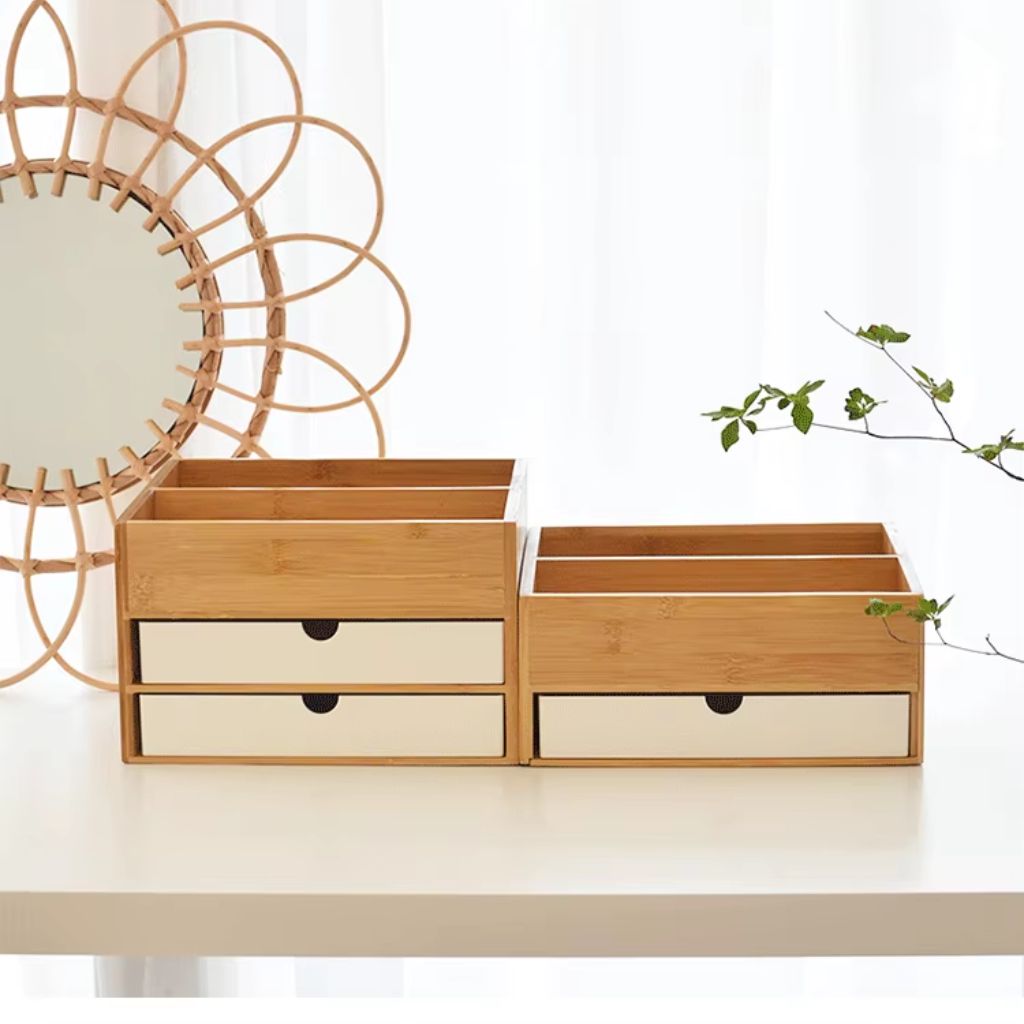 Bamboo Makeup Organiser with Drawers and Open Storage