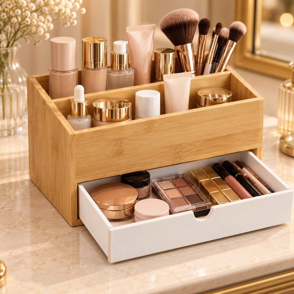 Bamboo Makeup Organiser with Drawers and Open Storage