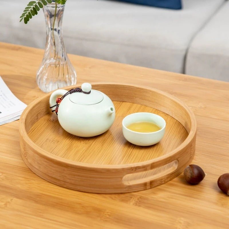 Bamboo Wood Round Serving Tray with Handles - Lattea Global