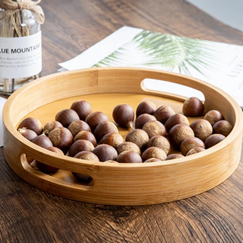 Bamboo Wood Round Serving Tray with Handles - Lattea Global