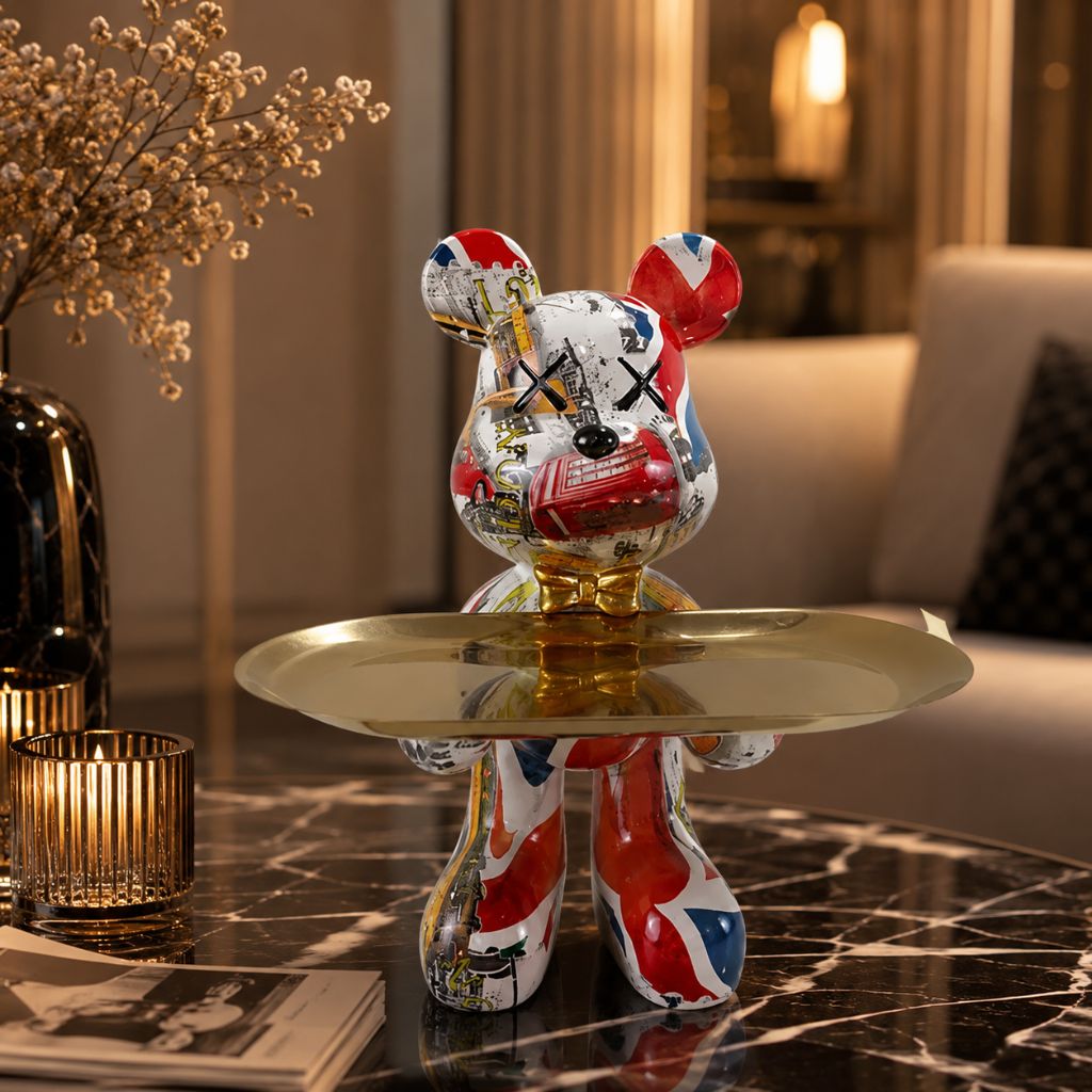 Resin Bear Statue with Trinket Tray - Decorative Figurine