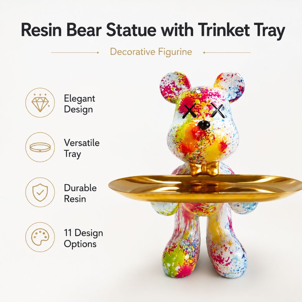 Resin Bear Statue with Trinket Tray - Decorative Figurine