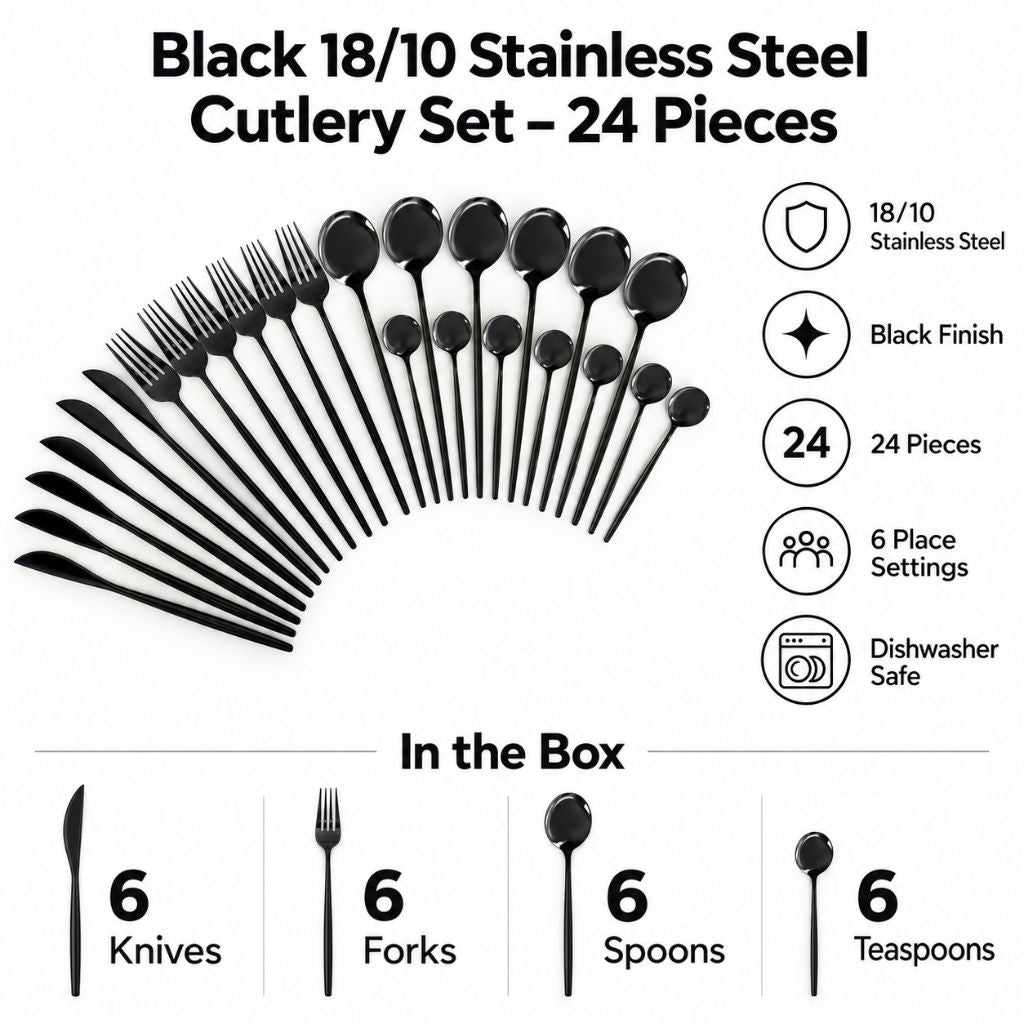 Black 18/10 Stainless Steel Cutlery Set – 24 Pieces