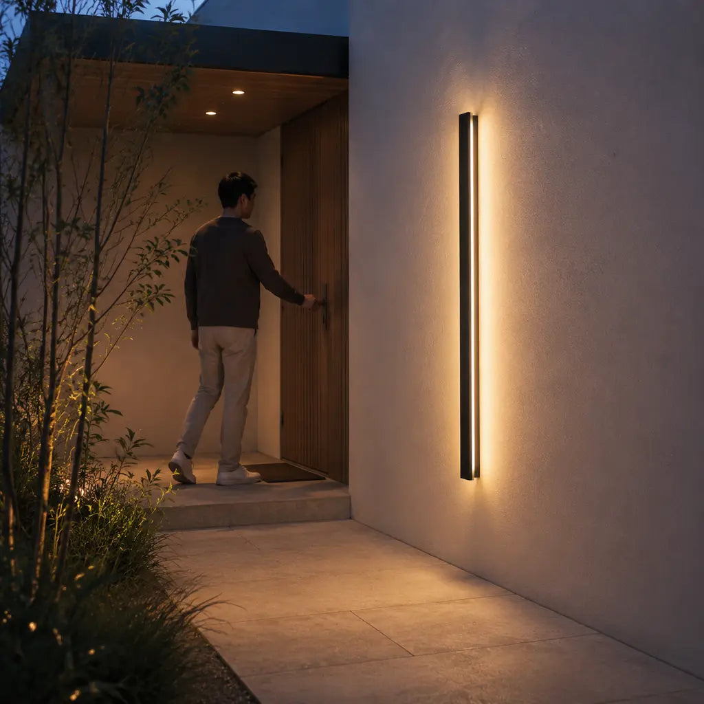 Black Linear Aluminium LED Outdoor Wall Light – IP65 illuminating an entrance