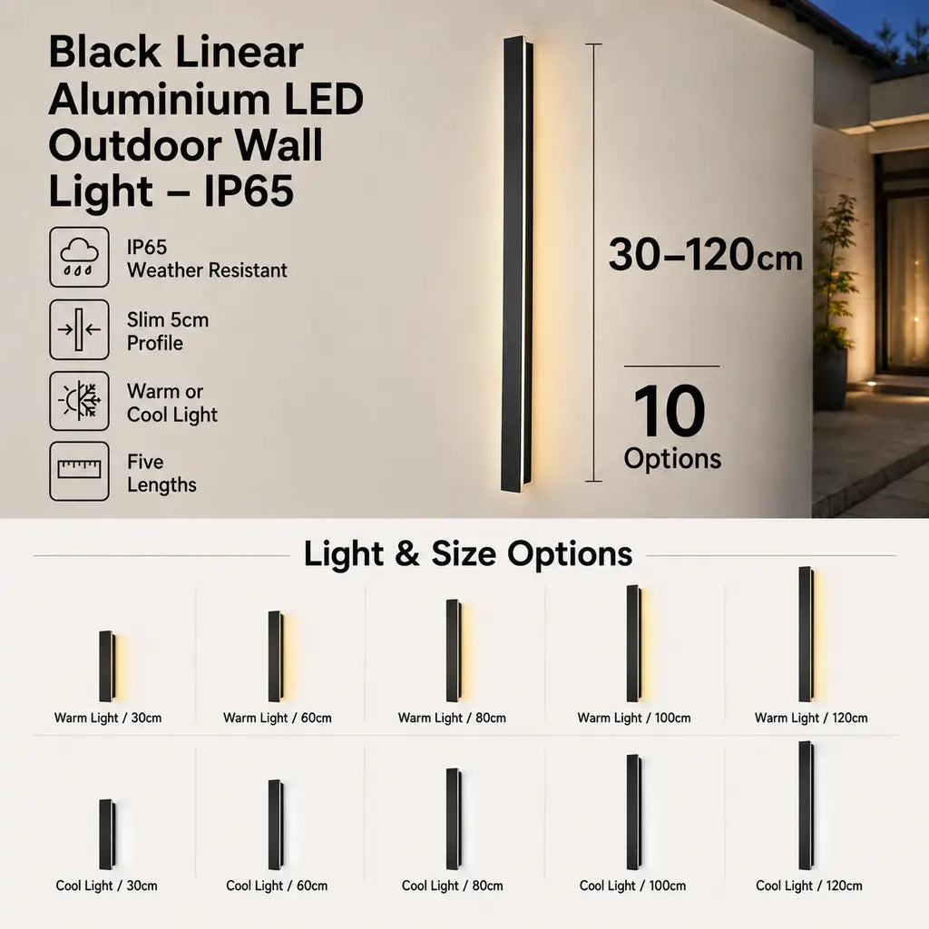 Black Linear Aluminium LED Outdoor Wall Light – IP65 benefits and size options